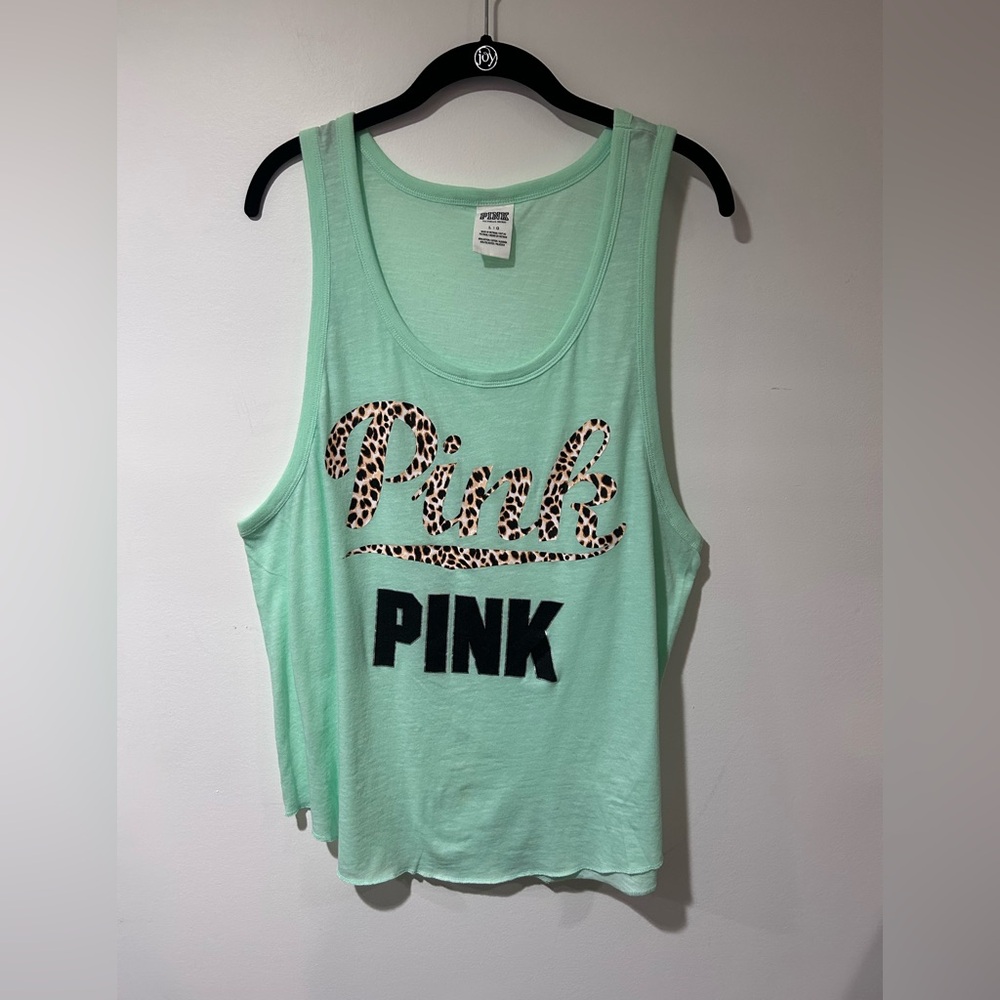 PINK Victoria's Secret Light Green Tank Top with Leopard Print